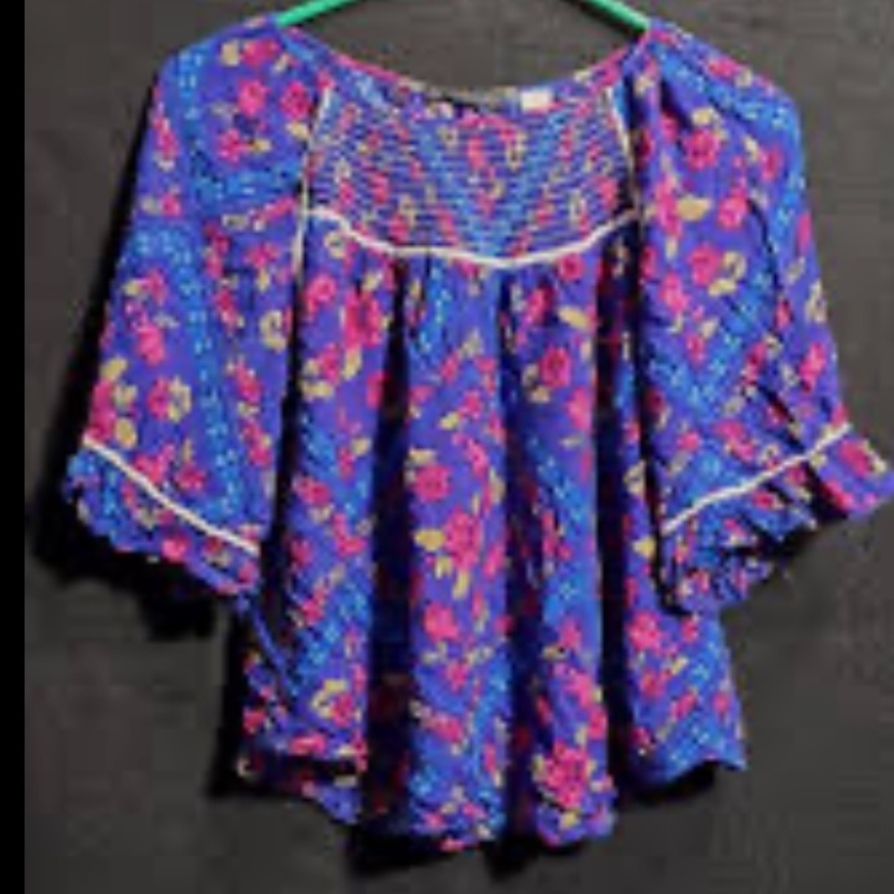 Napa Valley Boho Women's Floral Top in Blue and Pink~Large